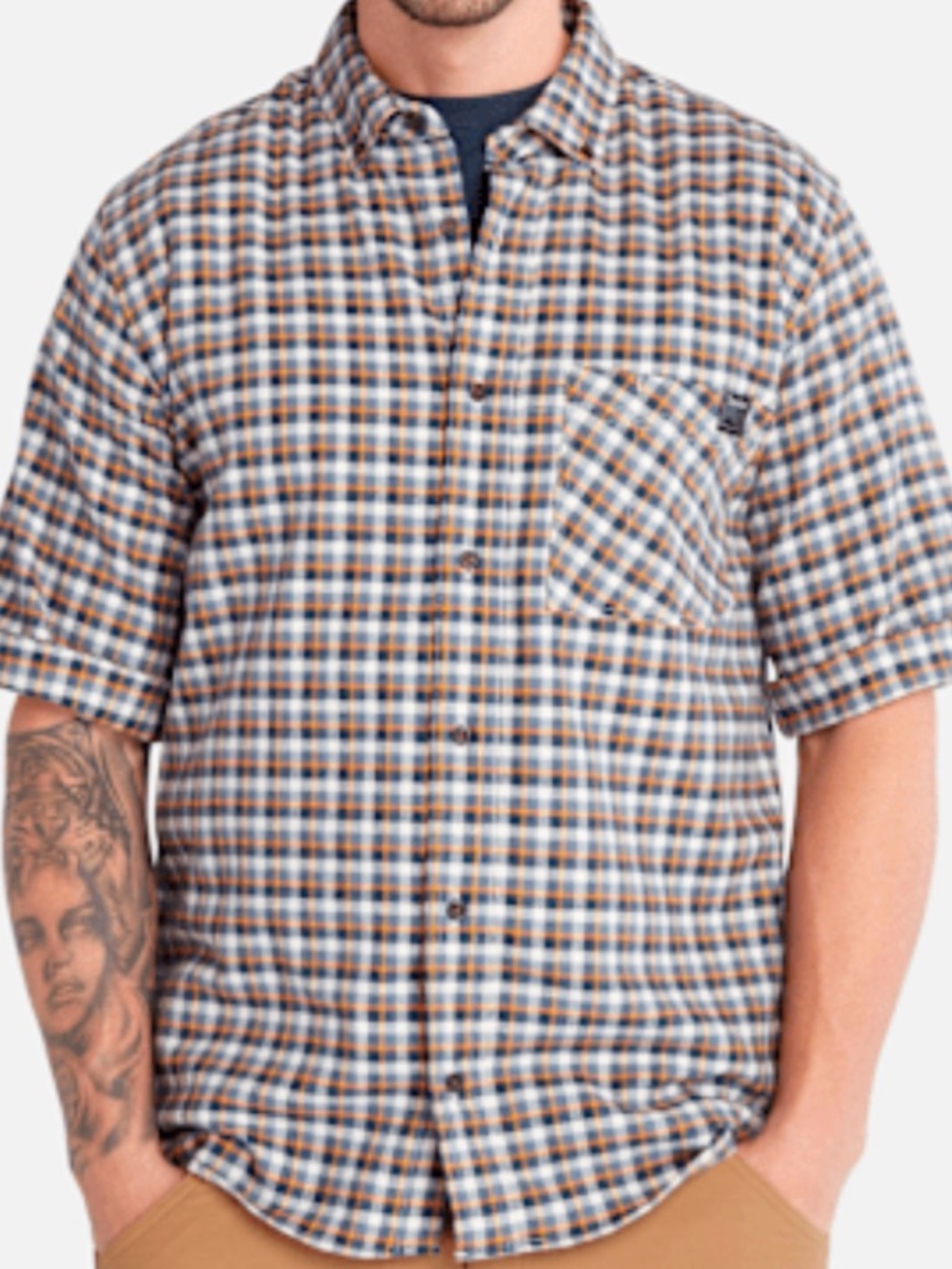 Timberland PRO Short Sleeve Plaid Button Down Shirt Blue Brown & White Men’s S